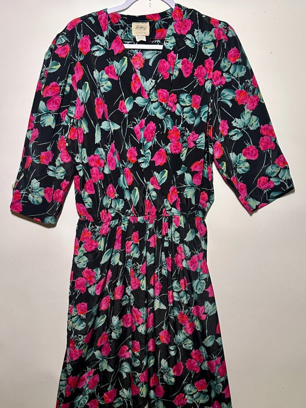 Lucifellini Woman's Vintage Black and Pink Floral Dress 1980's
